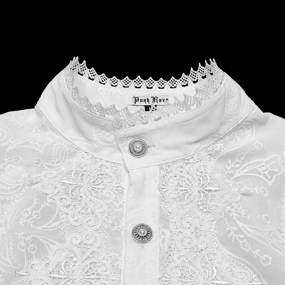 Victorian ruffle shirt with gem buttons, elegant embroidery, and gothic style, perfect for striking outfits.