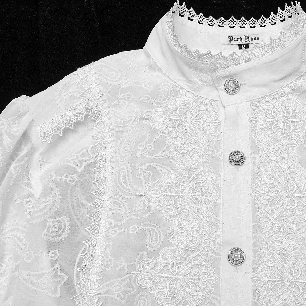Victorian ruffle shirt with gem buttons, elegant embroidery, and lace details, perfect for goth fashion and stage wear.