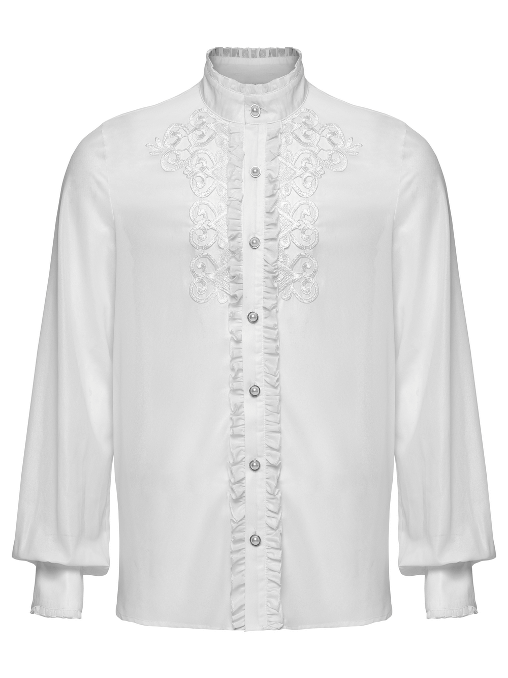 Victorian ruffle shirt with gem buttons and embroidery, showcasing elegant white gothic style design.