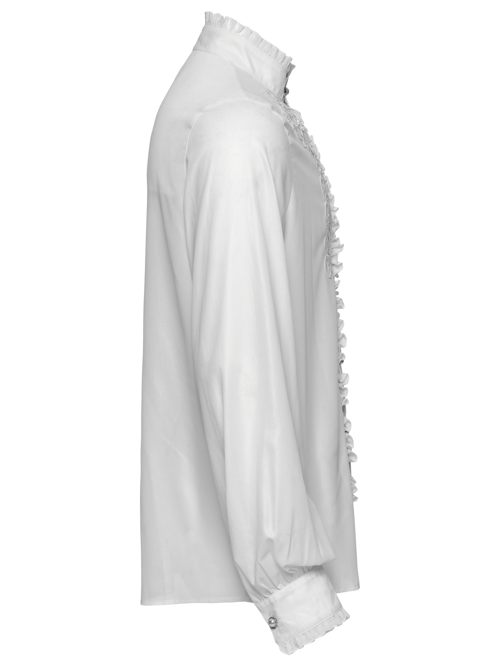 Victorian ruffle shirt in glossy white chiffon, featuring gem buttons and detailed embroidery, shown from the side.