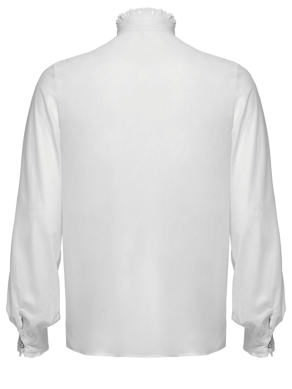 Back view of a Victorian ruffle shirt in white chiffon, featuring elegant ruffles and tailored sleeves.