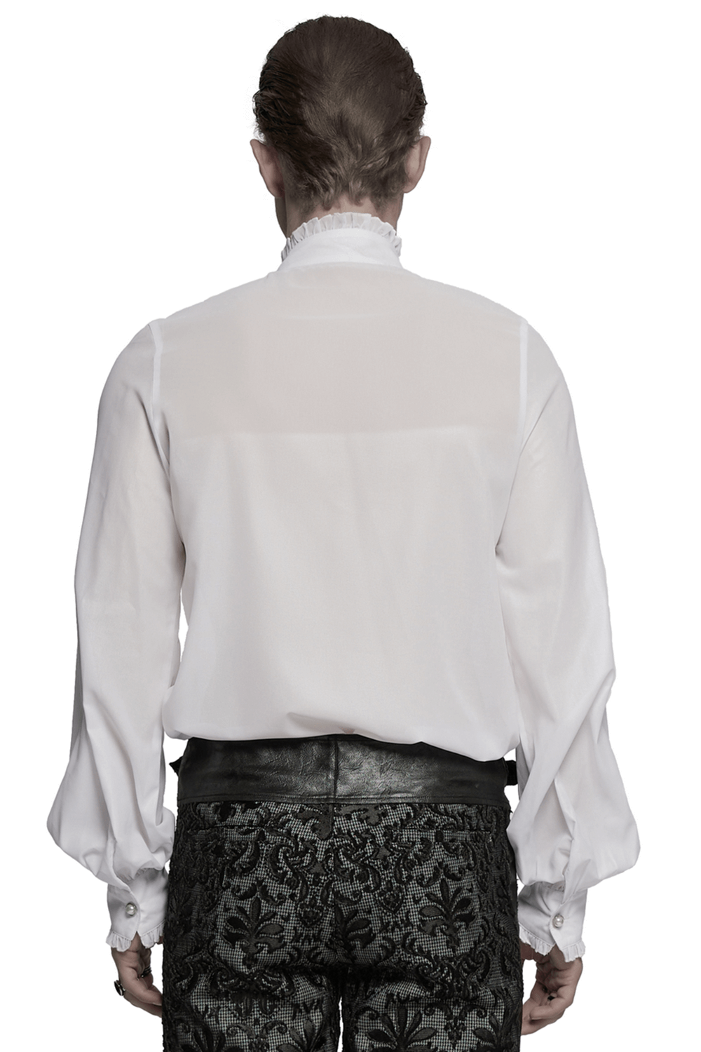 Back view of a Victorian ruffle shirt with gem buttons, showcasing elegant chiffon fabric and detailed embroidery.