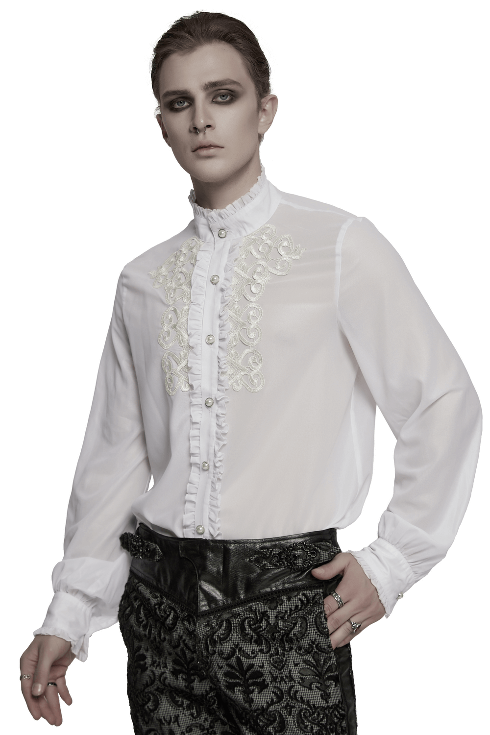 Victorian ruffle shirt with gem buttons and embroidery, perfect for goth fashion and period-inspired looks.