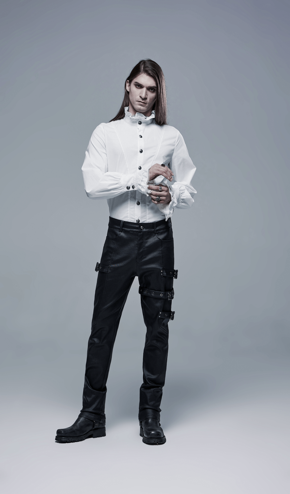 Elegant Goth Aristocratic Shirt with frills, black pants, and stylish boots, showcasing dark elegance and charm.