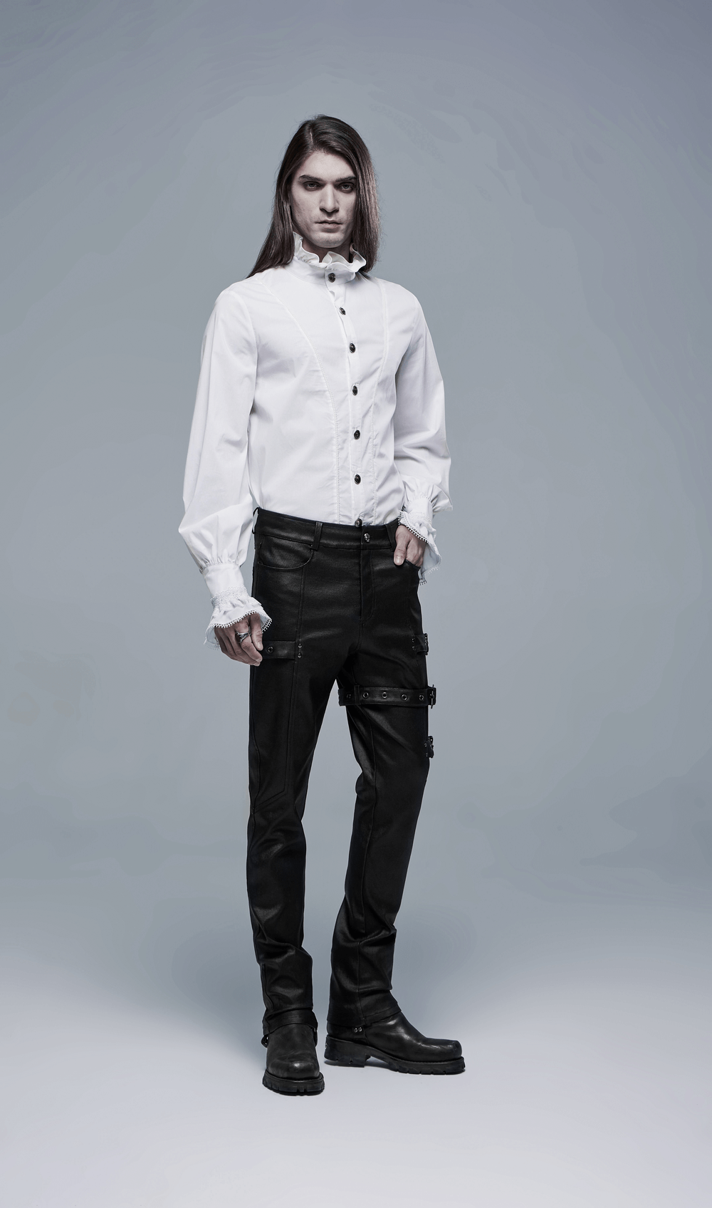 Elegant Victorian-style cotton shirt with frills, black pants, and boots for a chic goth aristocratic look.
