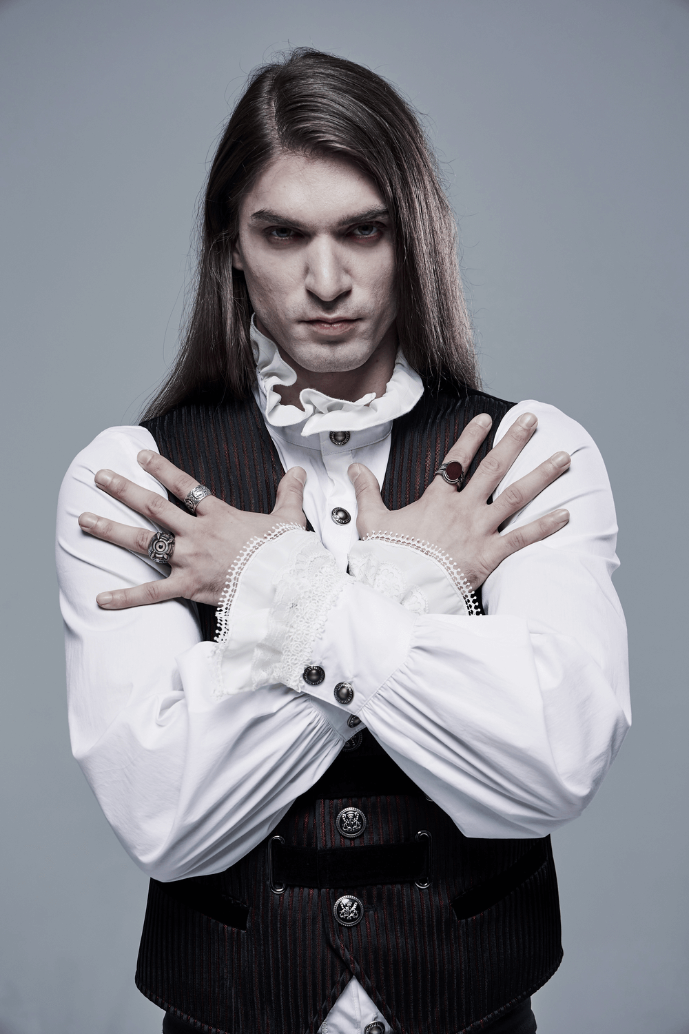 Elegant Gothic shirt with frills and lace, showcasing a sophisticated Victorian style and dark allure.