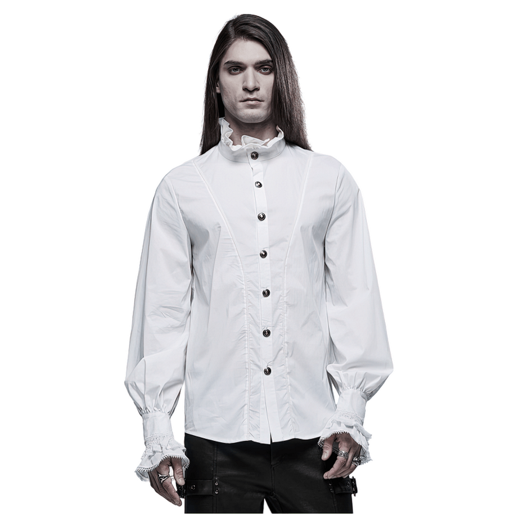 Elegant white Victorian-style shirt with frills, ruffled cuffs, and hand-sewn buttons for a Gothic aristocratic look.