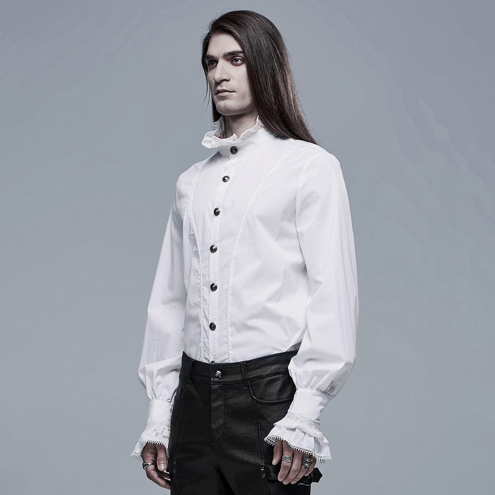 Elegant Victorian-style cotton shirt with frills and lace cuffs for a charming goth look.