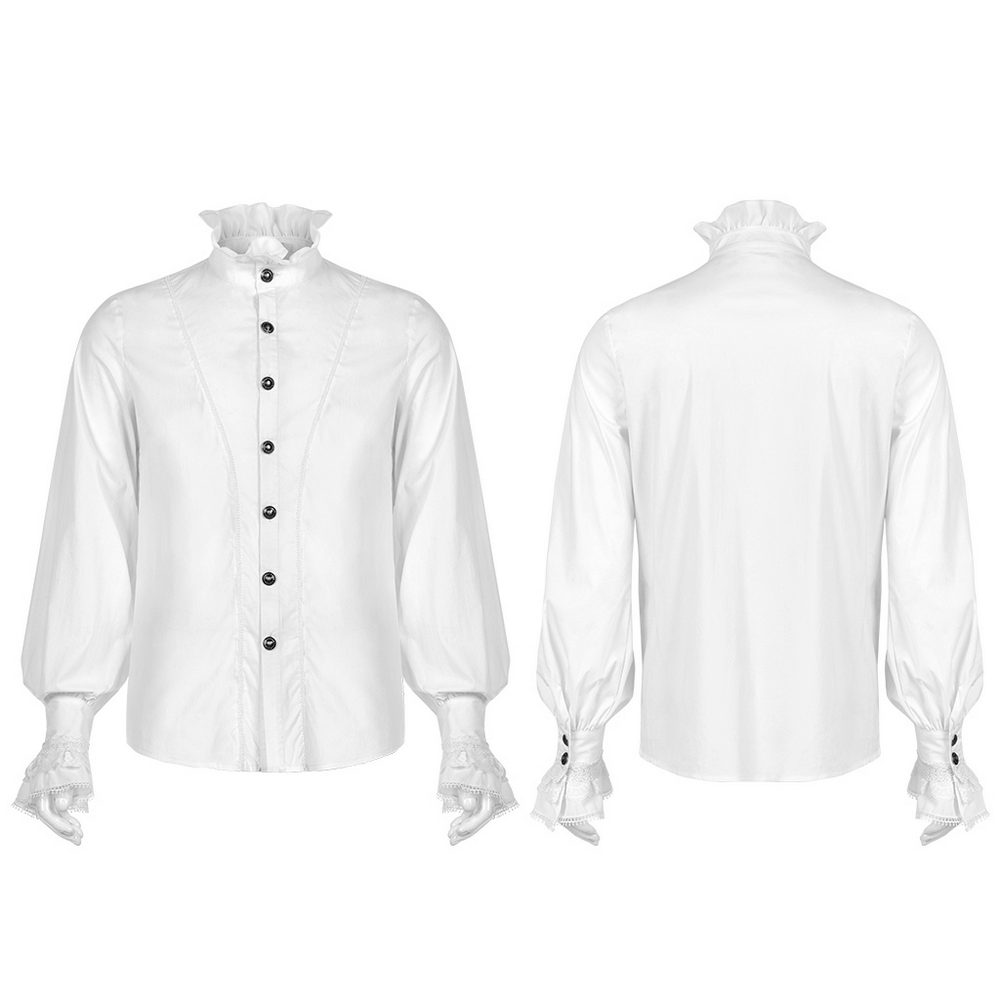 Elegant Victorian style white cotton shirt with frills and hand-sewn buttons, showcasing gothic aristocratic fashion.