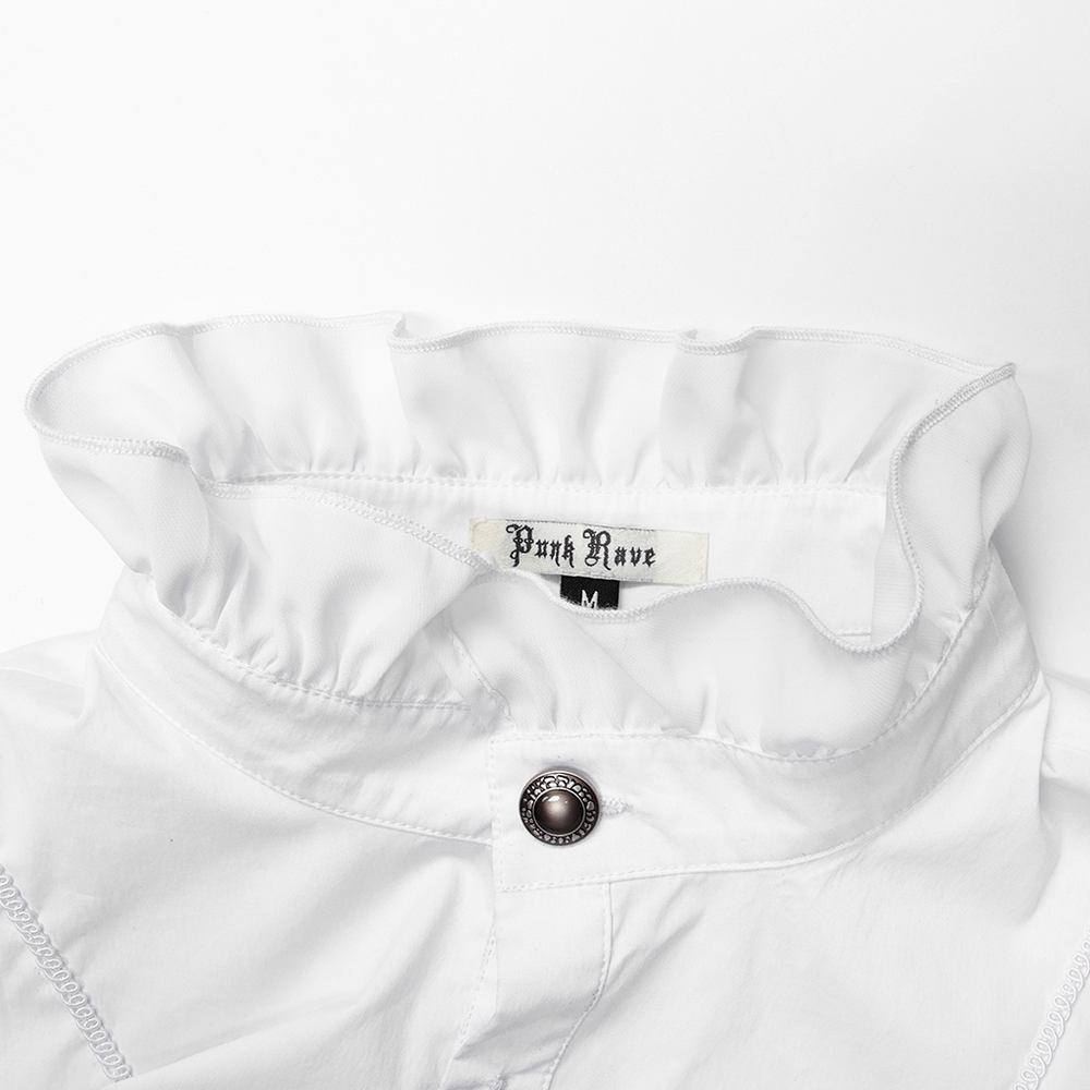 Close-up of elegant Victorian-style shirt collar with ruffles and a hand-sewn button, showcasing gothic fashion details.