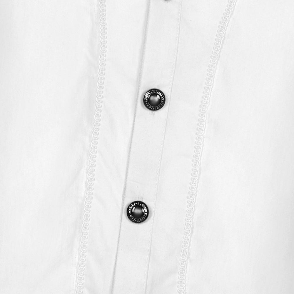 Close-up of elegant white cotton shirt featuring hand-sewn buttons and intricate lace detailing.