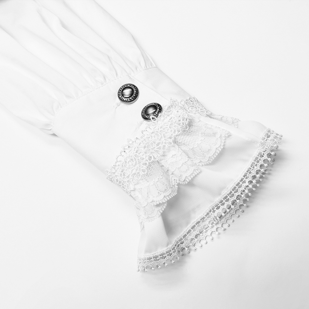 Close-up of an elegant Victorian-style shirt cuff with lace, buttons, and decorative accents on a white background.