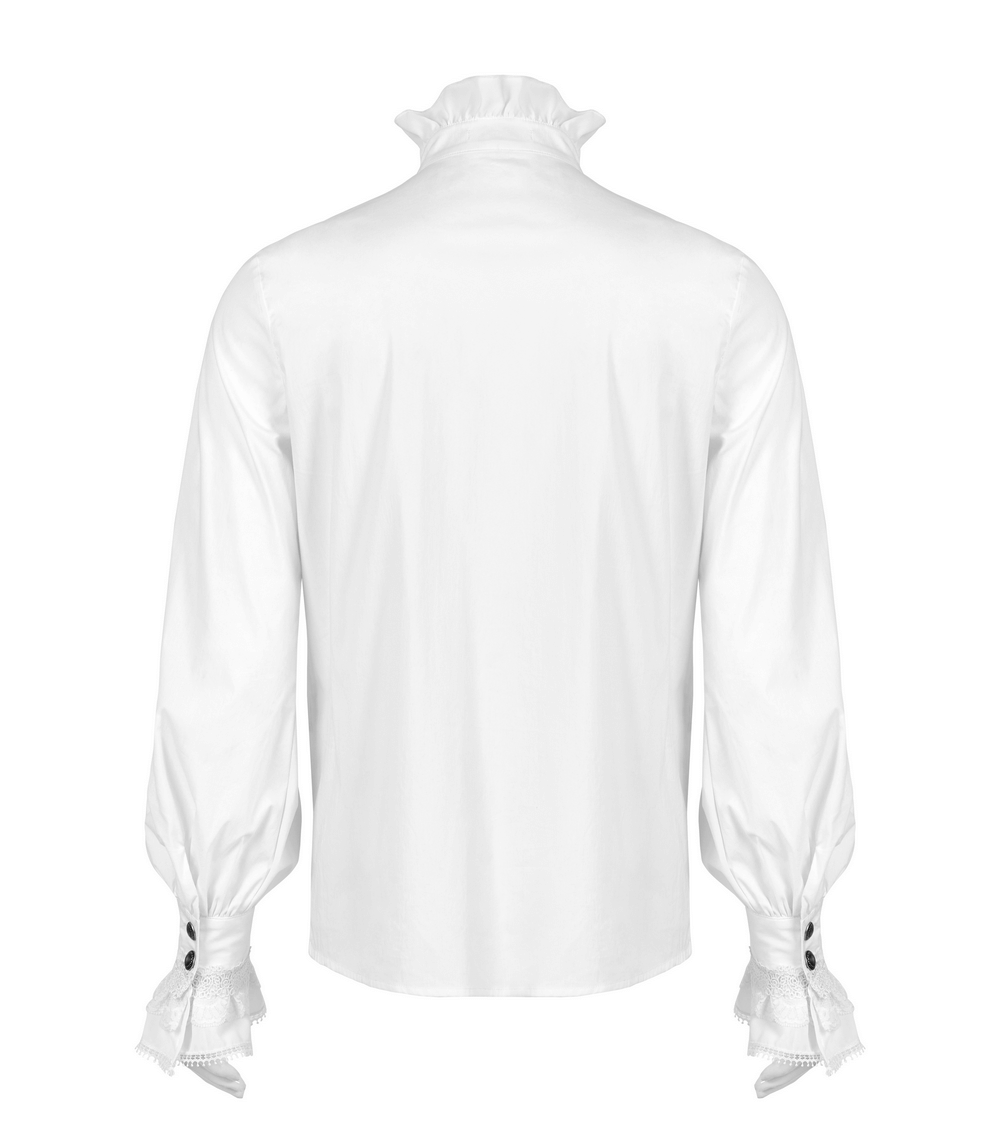 Back view of an elegant Victorian-style cotton shirt with frills and lace cuffs in white.