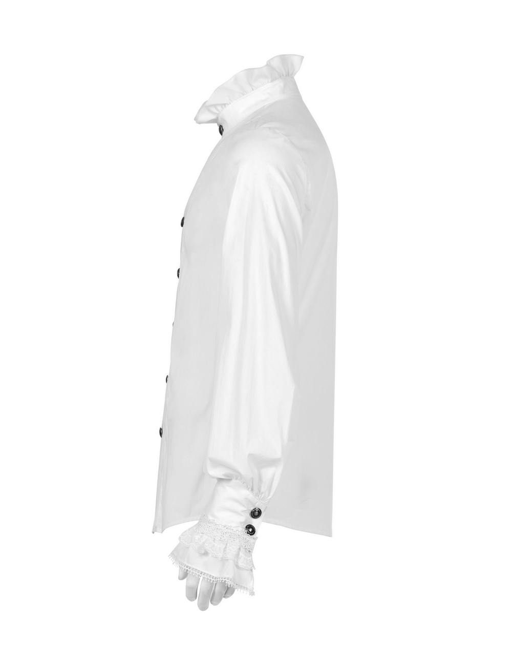 Elegant Gothic Victorian shirt with frills and lace cuffs, showcasing a sleek white design and unique hand-sewn buttons.