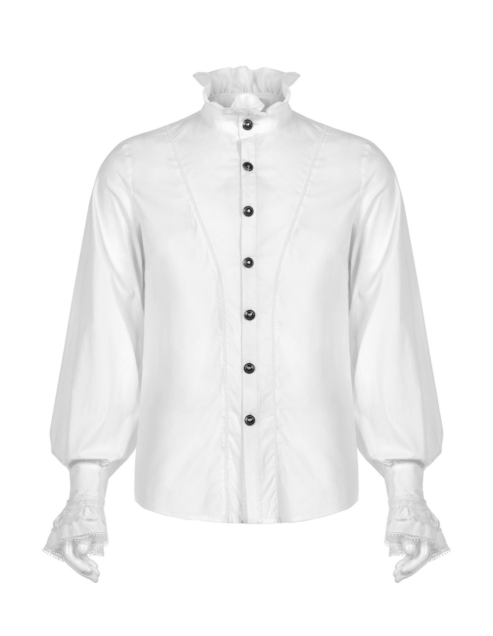 Elegant white Victorian style shirt with frills, featuring hand-sewn buttons and lace cuffs for a gothic chic look.