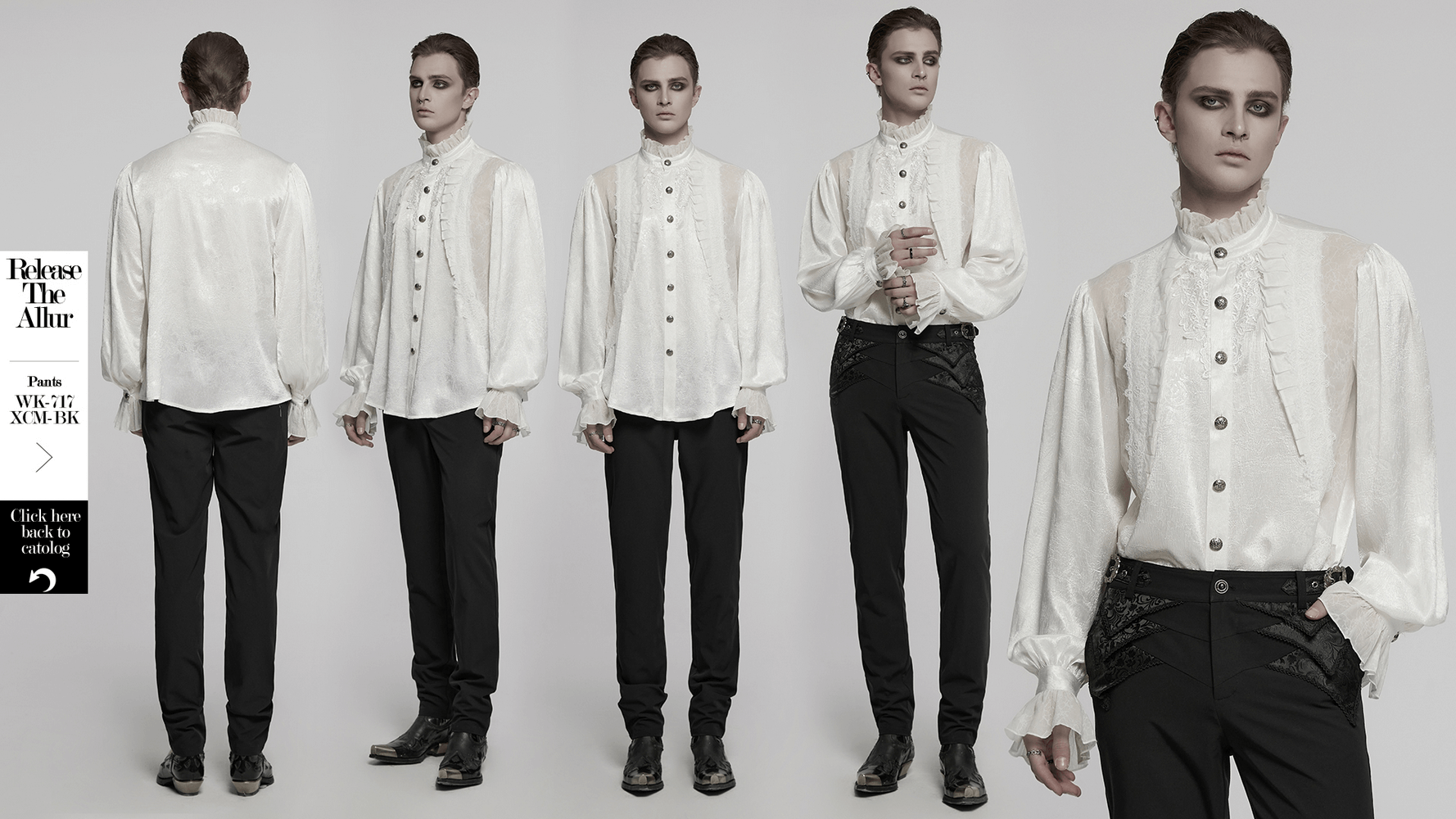 Victorian ruffled white gothic shirt with lace patchwork and engraved buttons, perfect for vintage-inspired wardrobes.