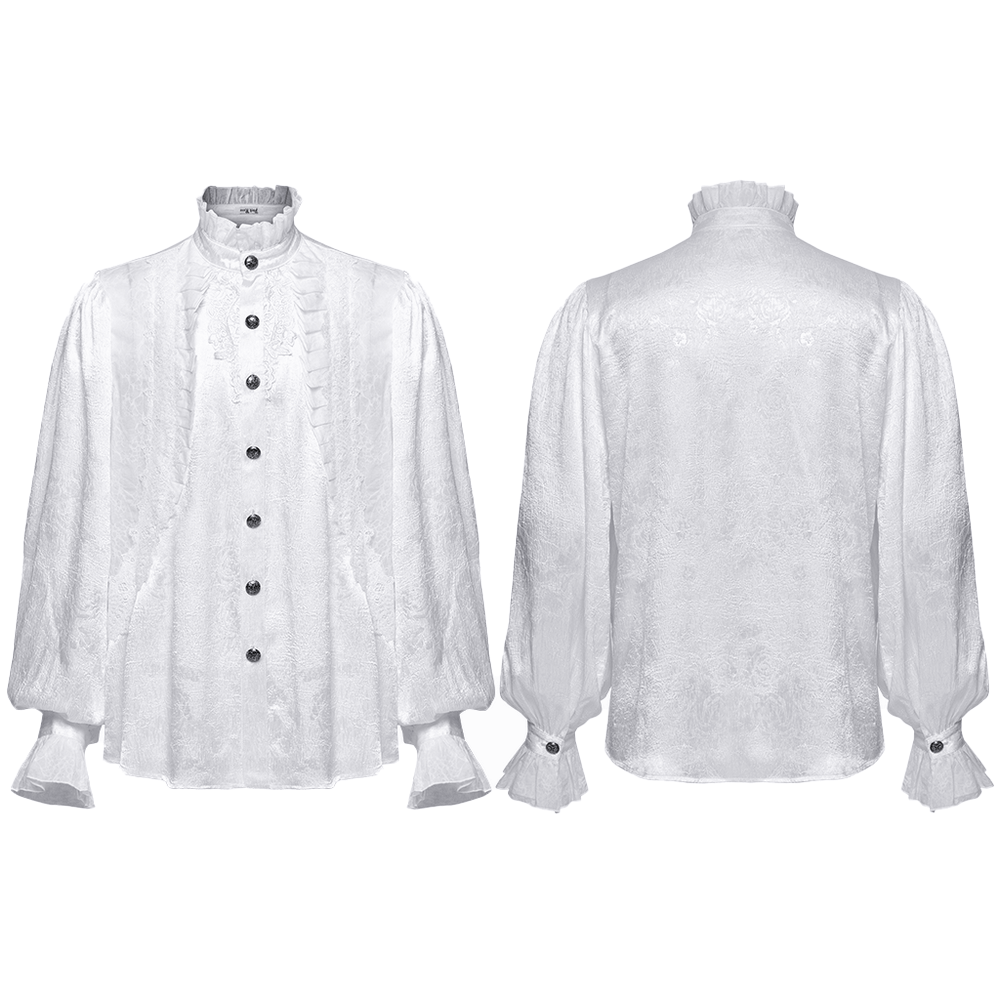 Victorian ruffled white gothic shirt with elaborate buttons and lace patchwork design, perfect for vintage wardrobes.