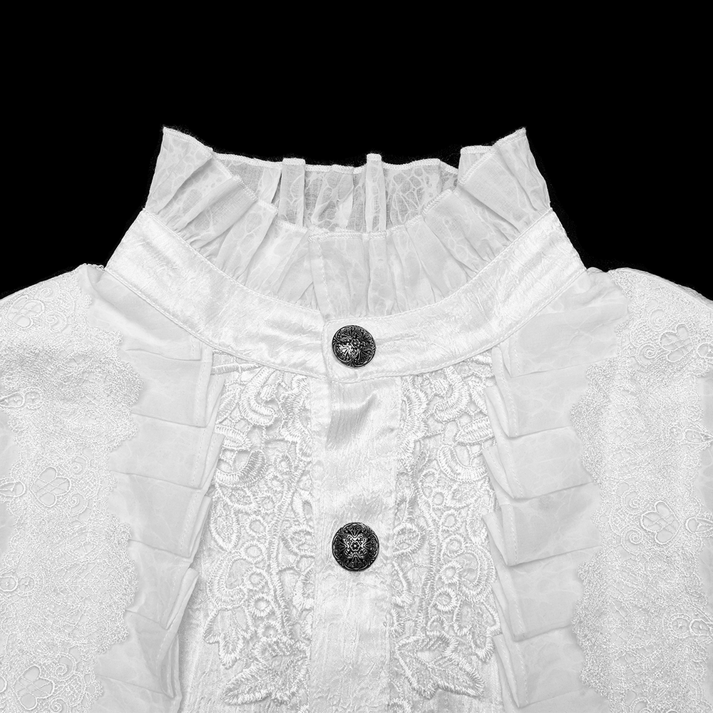 Victorian ruffled white shirt featuring gothic buttons and lace patchwork design, perfect for vintage-inspired fashion.