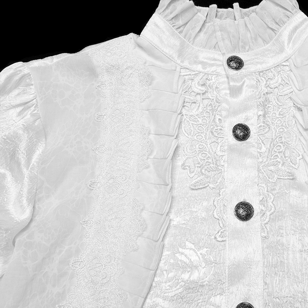 Victorian ruffled white shirt featuring gothic buttons and lace patchwork design, perfect for vintage-inspired styles.