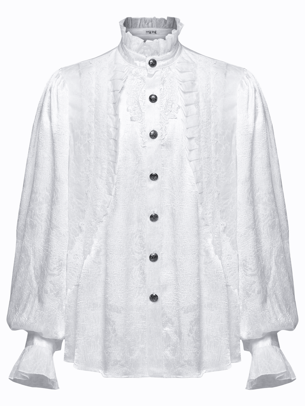 Victorian ruffled white shirt with gothic buttons and lace patchwork design, ideal for vintage-inspired wardrobes.
