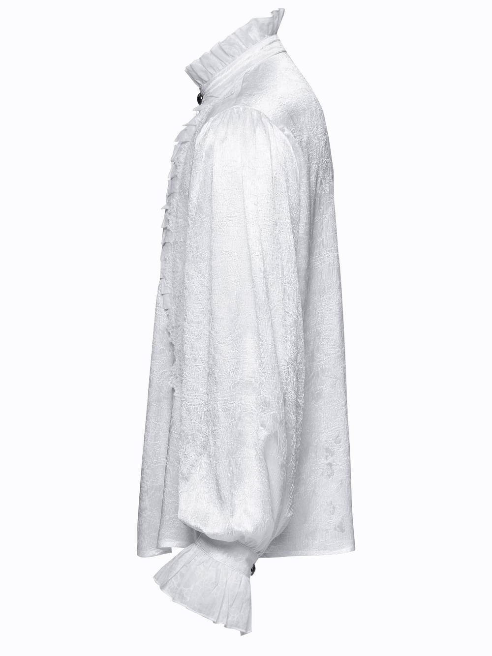 Victorian ruffled white gothic shirt with lace and engraved buttons, perfect for vintage-inspired styles.