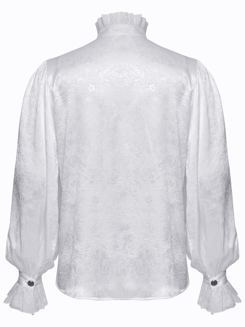 Back view of a Victorian ruffled white shirt with gothic buttons and lace trim, showcasing elegant details.