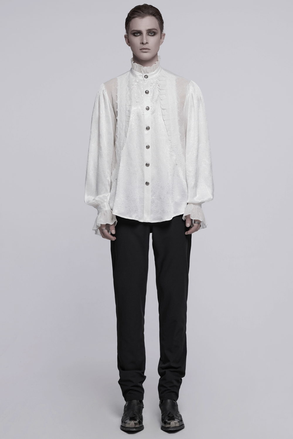 Victorian ruffled white gothic shirt with elegant buttons and lace detail for a vintage-inspired look.