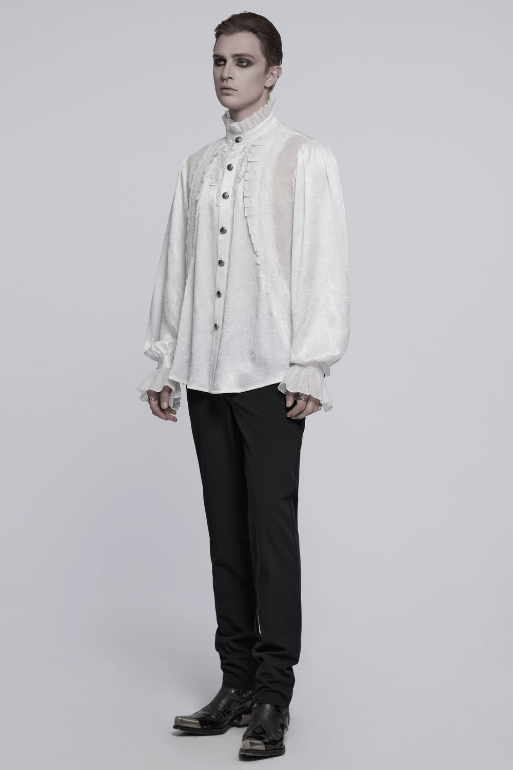 Victorian ruffled white shirt with gothic buttons, featuring lace patchwork and elegant details for a vintage look.