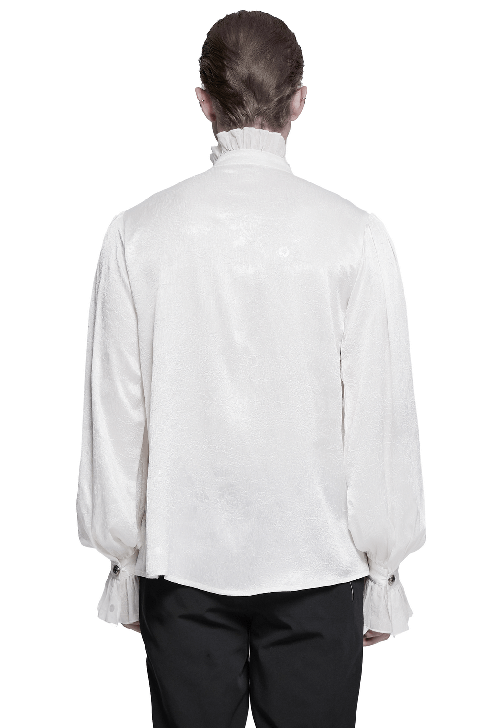 Back view of a Victorian ruffled white gothic shirt with lace details and engraved buttons.