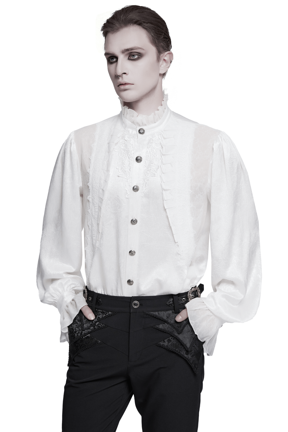 Victorian ruffled white shirt with gothic buttons, featuring lace patchwork design and a dramatic silhouette.