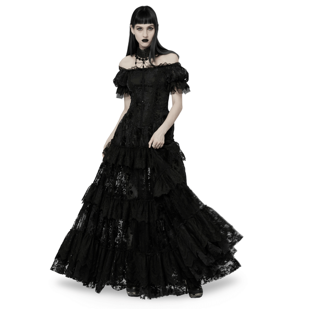 Victorian short sleeved goth dress in black lace, featuring layered ruffles and an elegant silhouette.