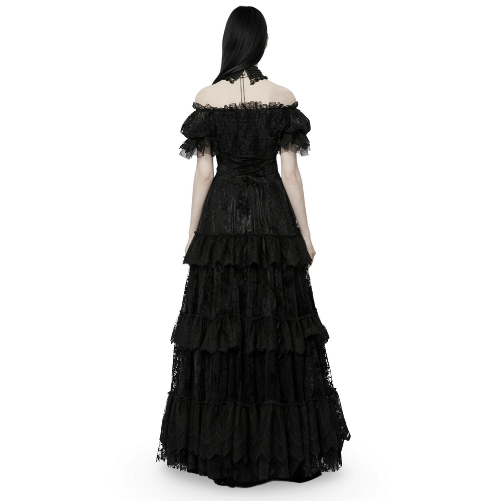 Back view of a Victorian short sleeved flocking lace gothic dress with layered ruffles and lace detailing.