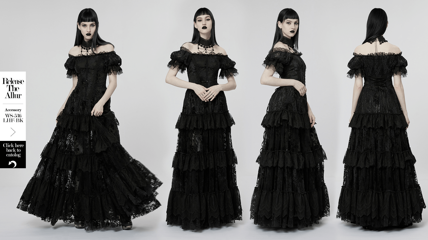 Elegant Victorian Gothic lace dress with layered design, showcasing off-shoulder style and exquisite detailing for a dramatic look.