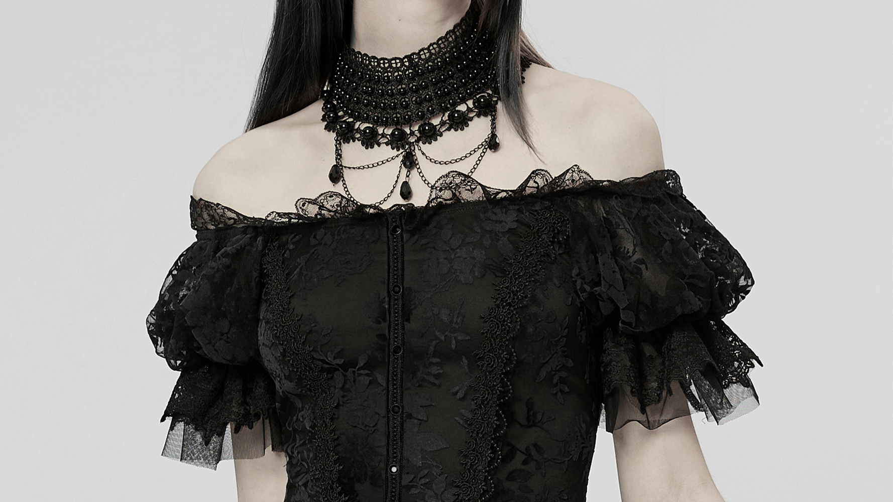 Elegant Victorian Gothic dress with lace detailing and off-shoulder sleeves, styled with a stunning black choker.