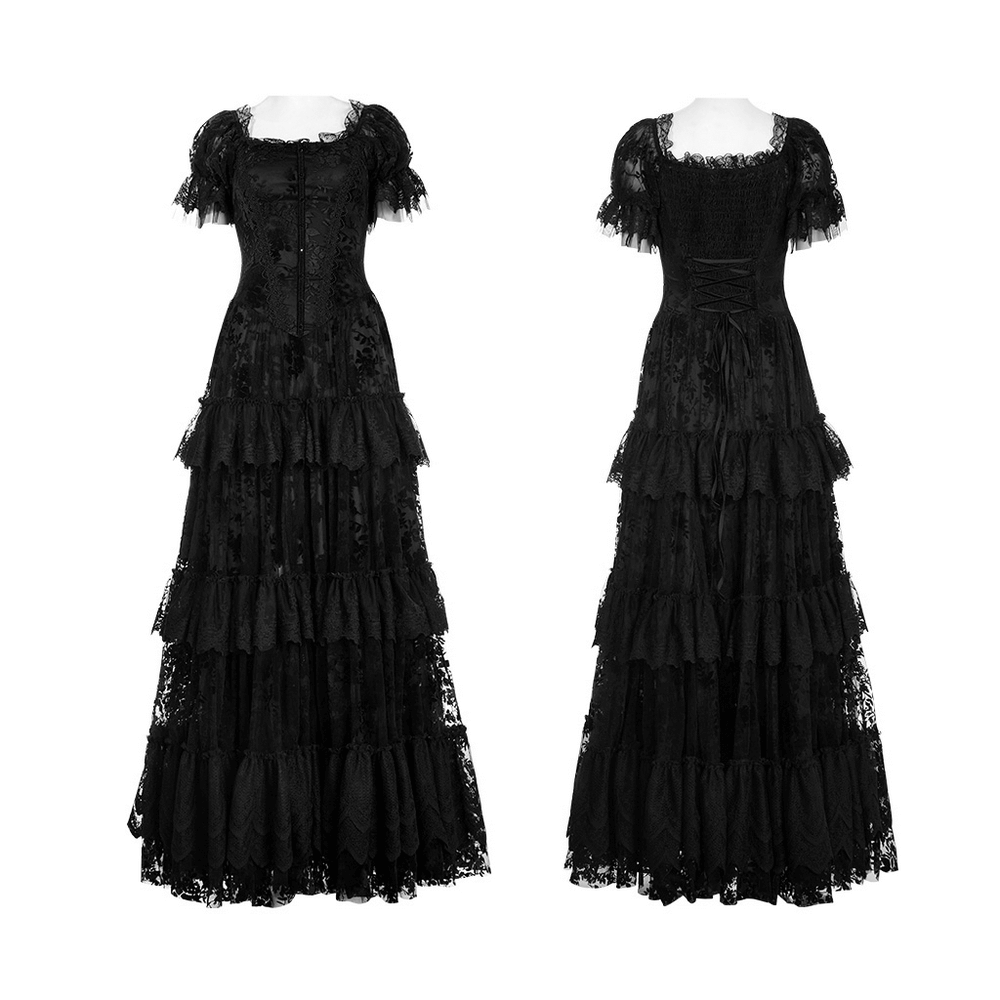Victorian short sleeved flocking lace goth dress showcasing elegant layered design and intricate lace detailing.