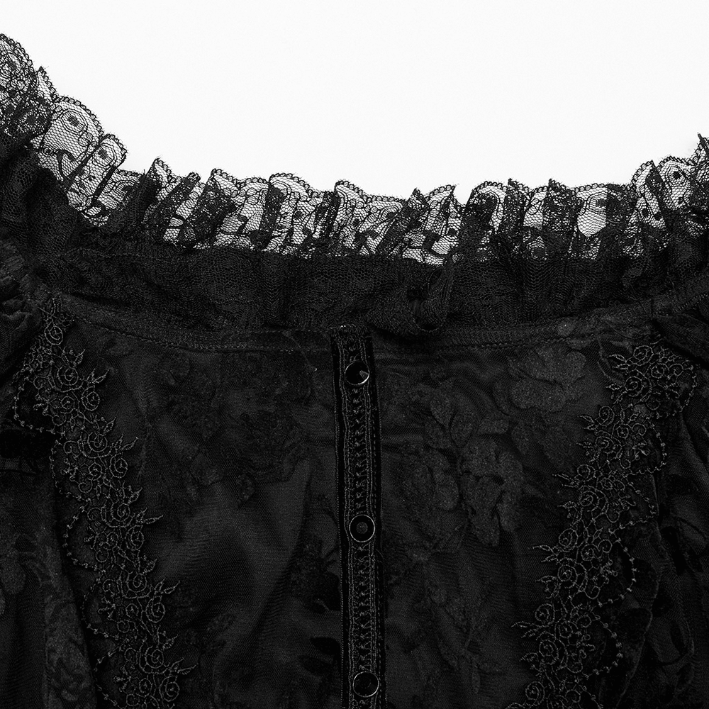 Close-up of the intricate lace detail and button closure on a Victorian short-sleeved gothic dress.
