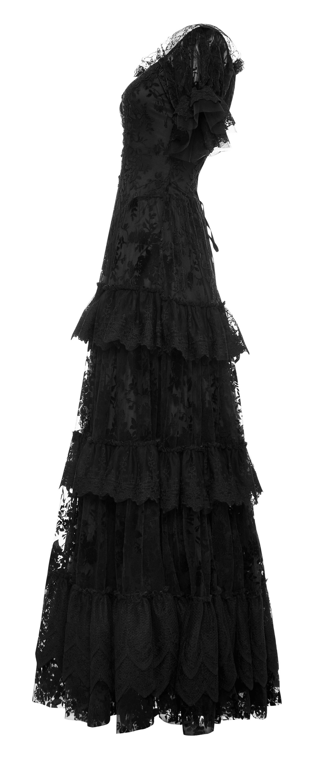 Elegant Victorian Short Sleeved Flocking Lace Layered Goth Dress in black, featuring intricate lace and a flattering silhouette.