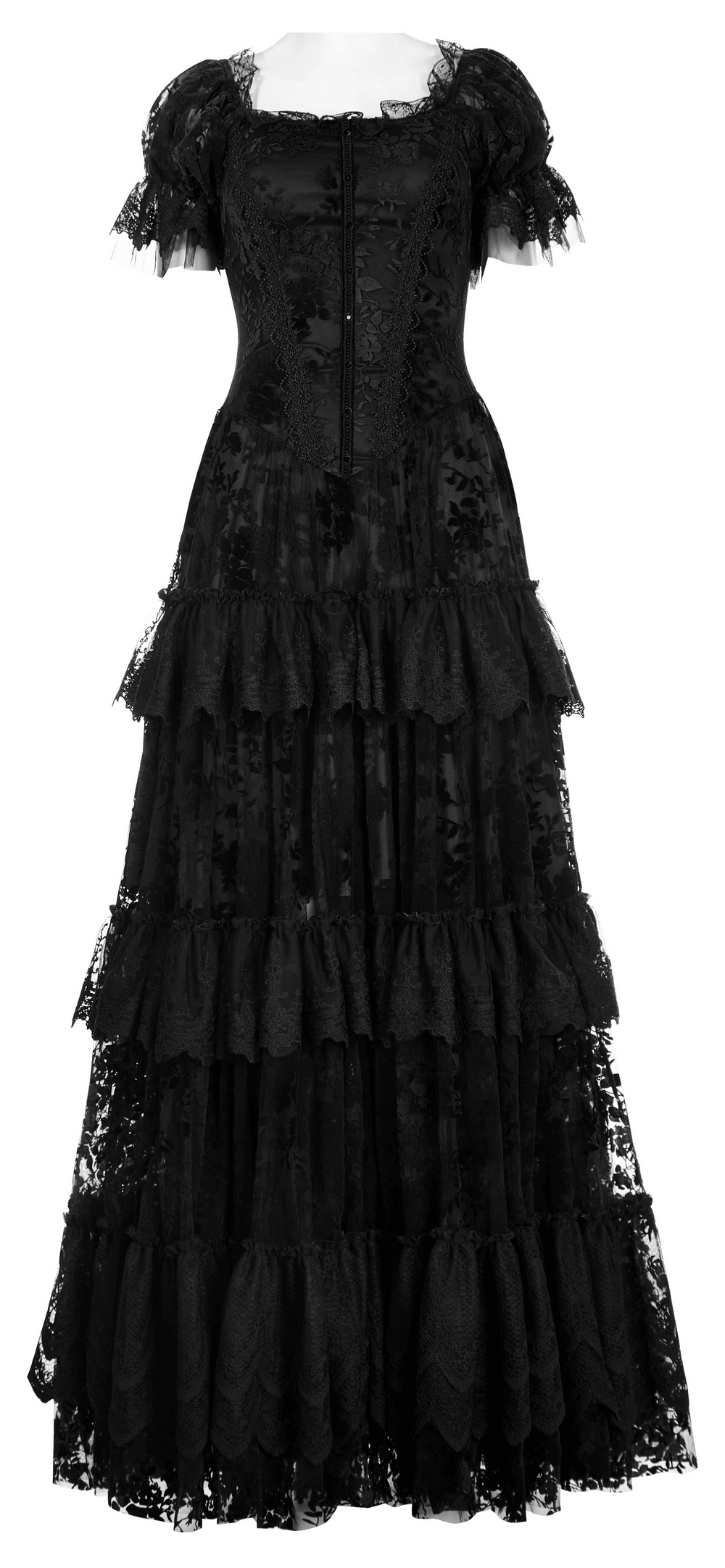 Victorian short-sleeved gothic dress with layered flocking lace, featuring an elegant silhouette and intricate details.