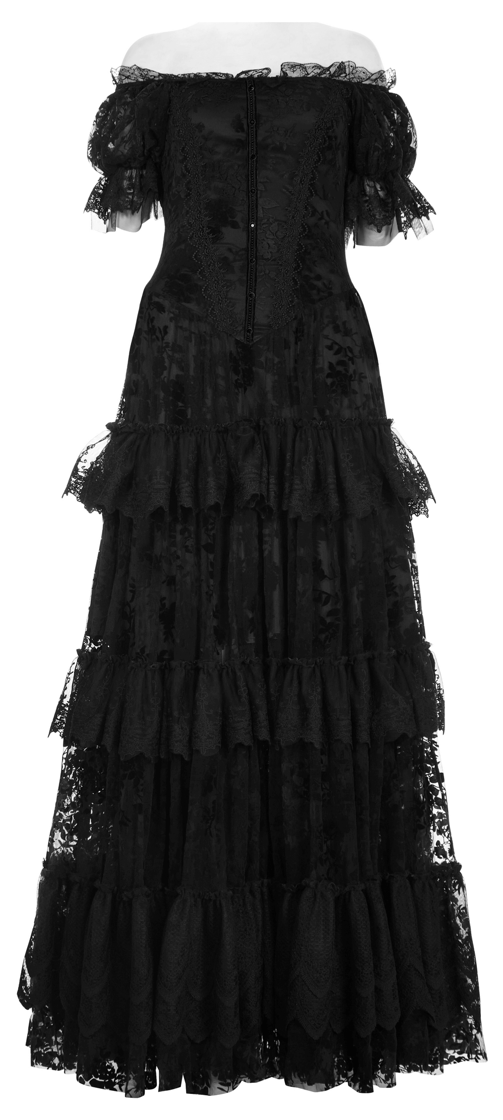 Victorian short sleeved flocking lace gown, featuring layered goth design and luxurious lace details.