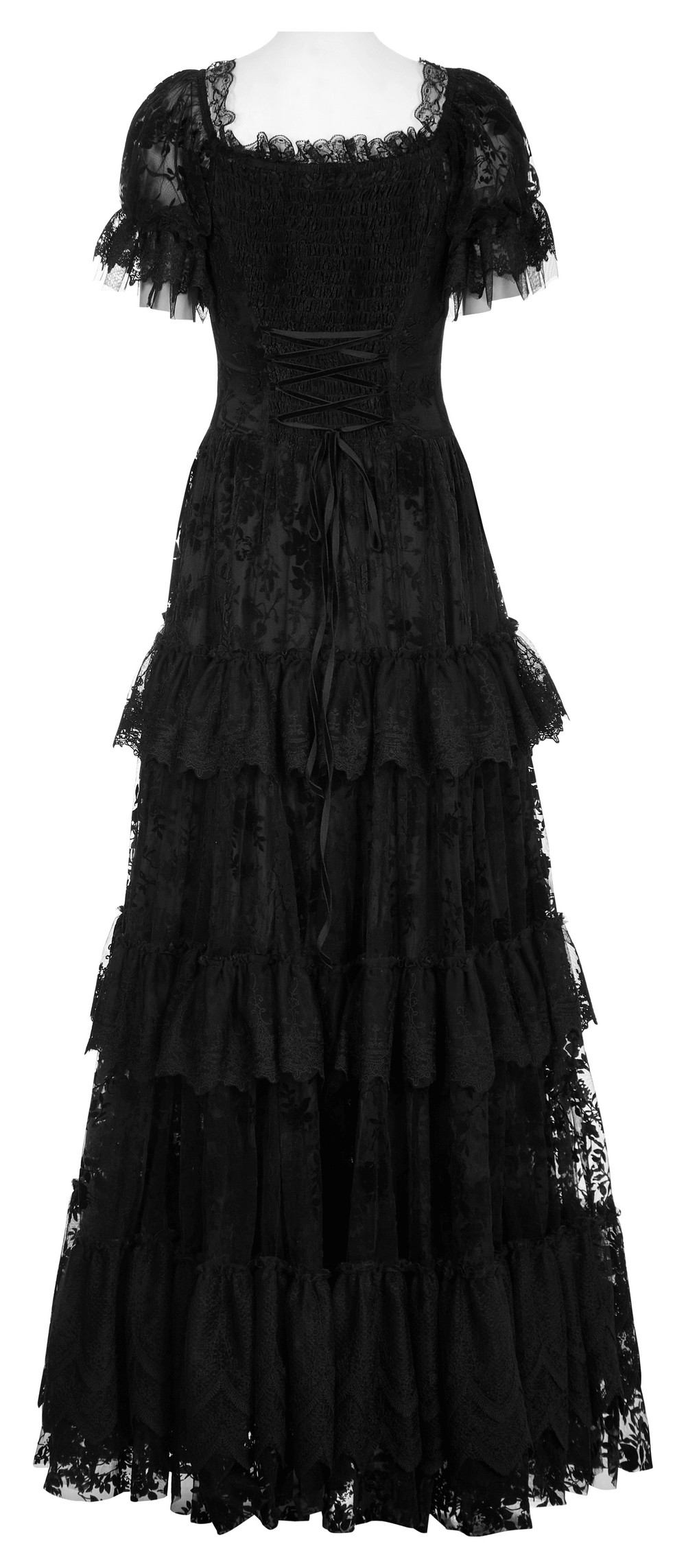 Victorian short sleeved gothic dress with lace detailing and layered design, perfect for a dramatic silhouette.