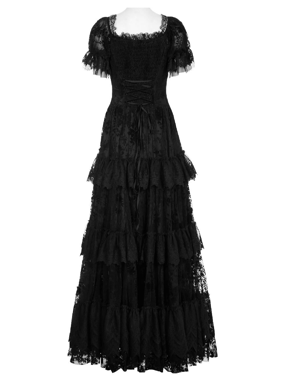 Victorian Short Sleeved Flocking Lace Layered Goth Dress