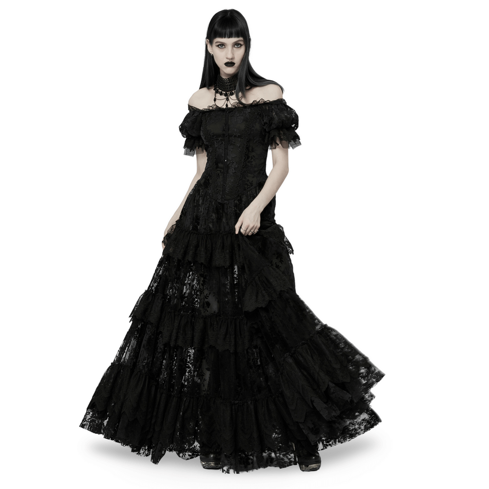 Victorian Short Sleeved Flocking Lace Layered Goth Dress - HARD'N'HEAVY