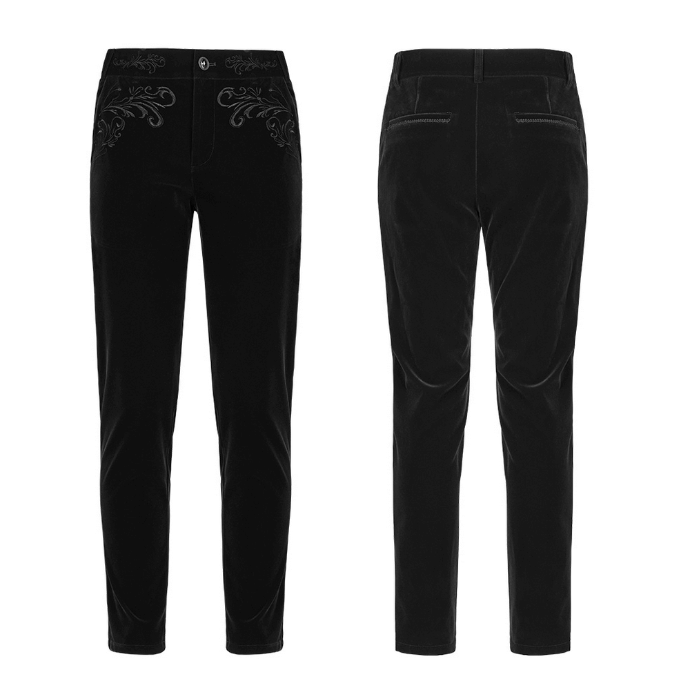 Victorian Style Black Velvet Gothic Trousers showcasing intricate embroidery and a fitted silhouette.