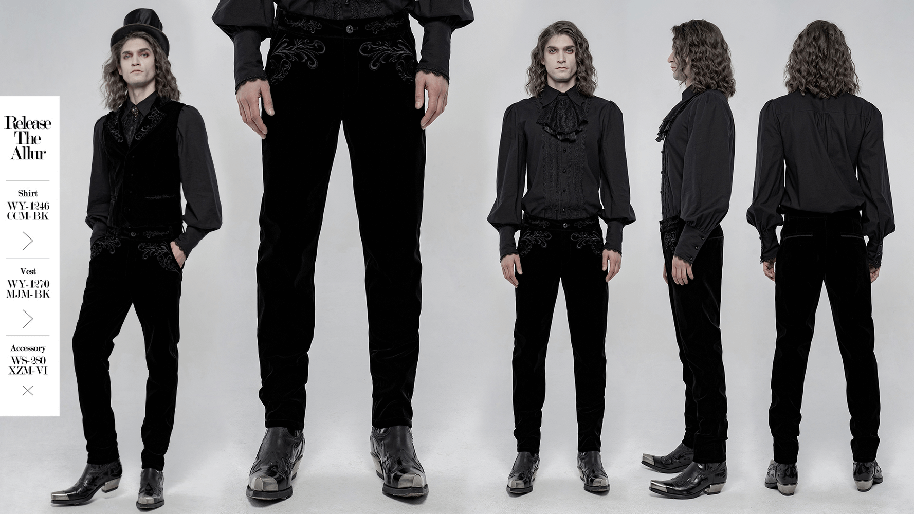 Victorian style embroidered black velvet trousers with gothic details, showcasing a fitted silhouette and luxurious craftsmanship.