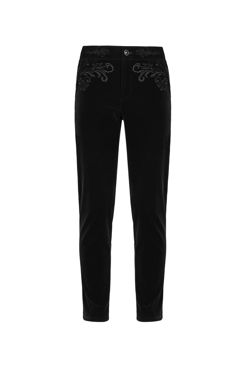 Victorian Style Embroidered Black Velvet Gothic Trousers showcasing intricate Gothic embroidery for a luxurious and bold look.