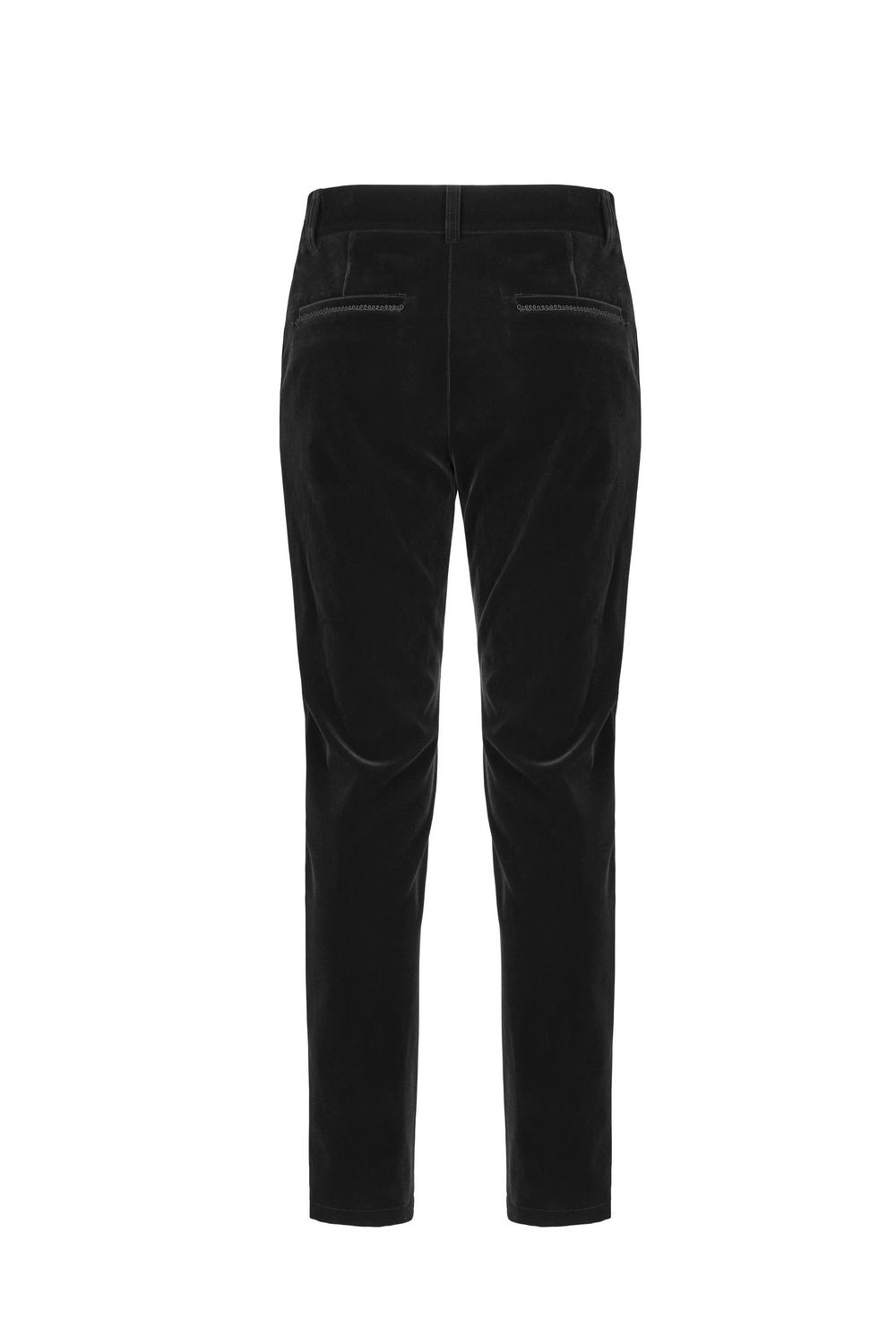 Back view of Victorian Style Embroidered Black Velvet Gothic Trousers with tailored fit and sleek design.