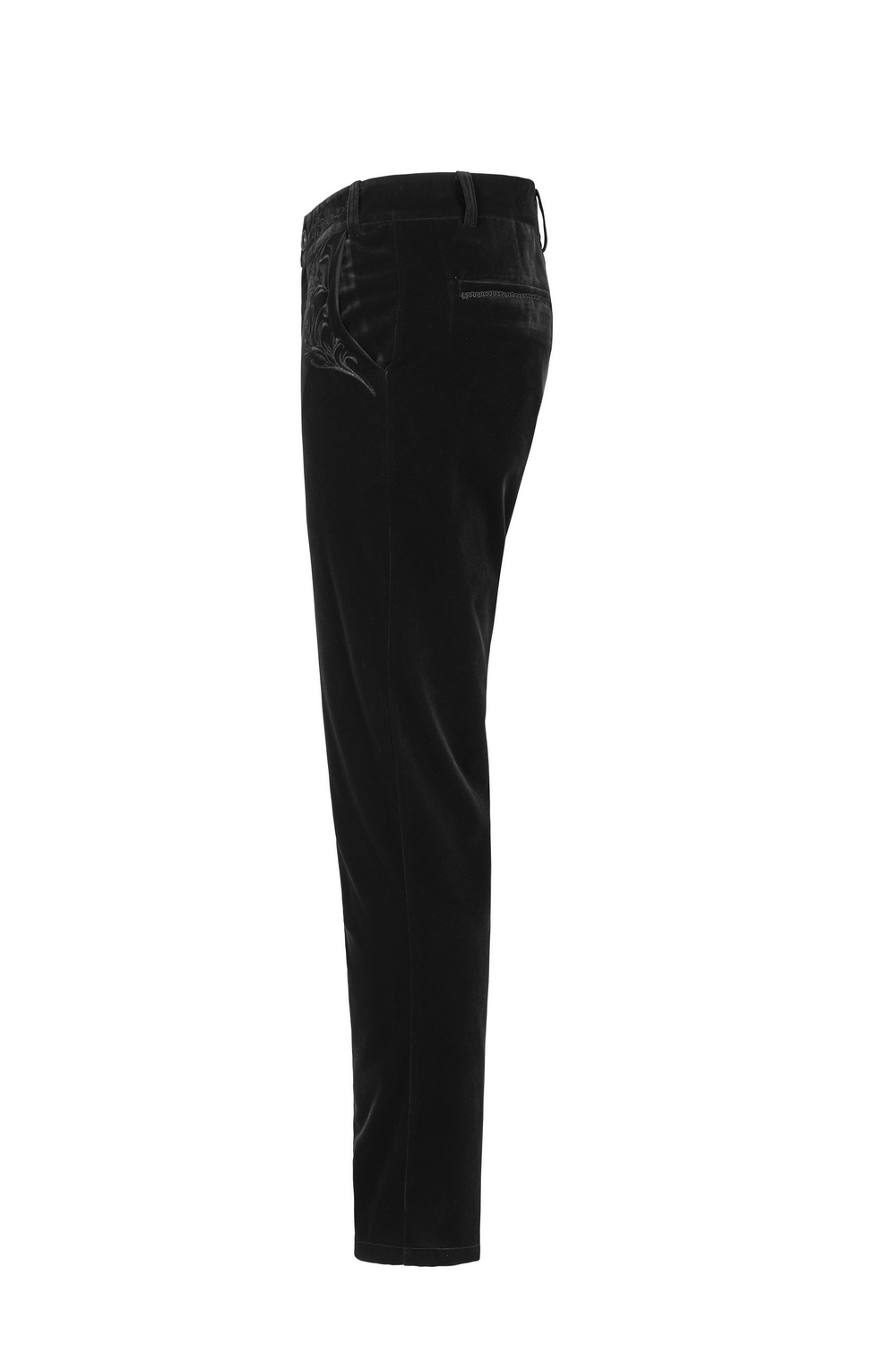 Victorian style black velvet gothic trousers showcasing intricate embroidery and fitted silhouette.