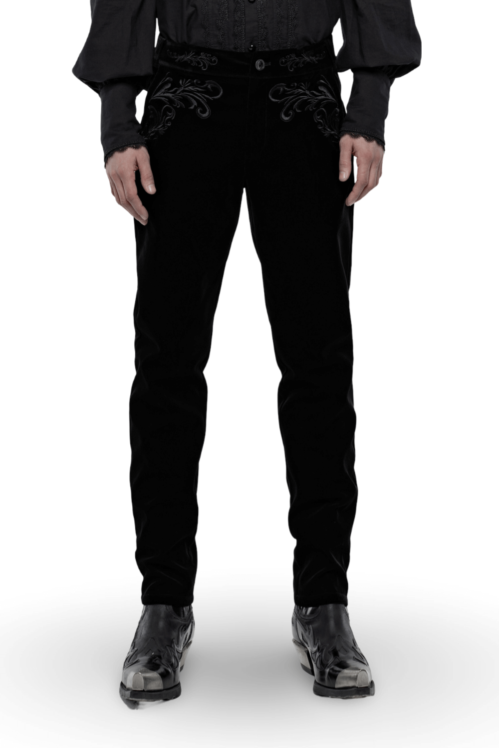 Victorian style black velvet trousers with Gothic embroidery, a luxe fashion choice for goth enthusiasts.