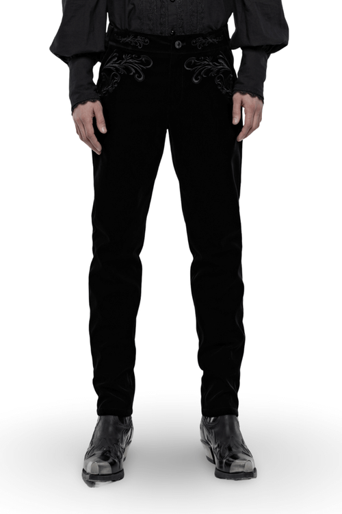 Pantalon gothique en velours noir brodé de style victorien