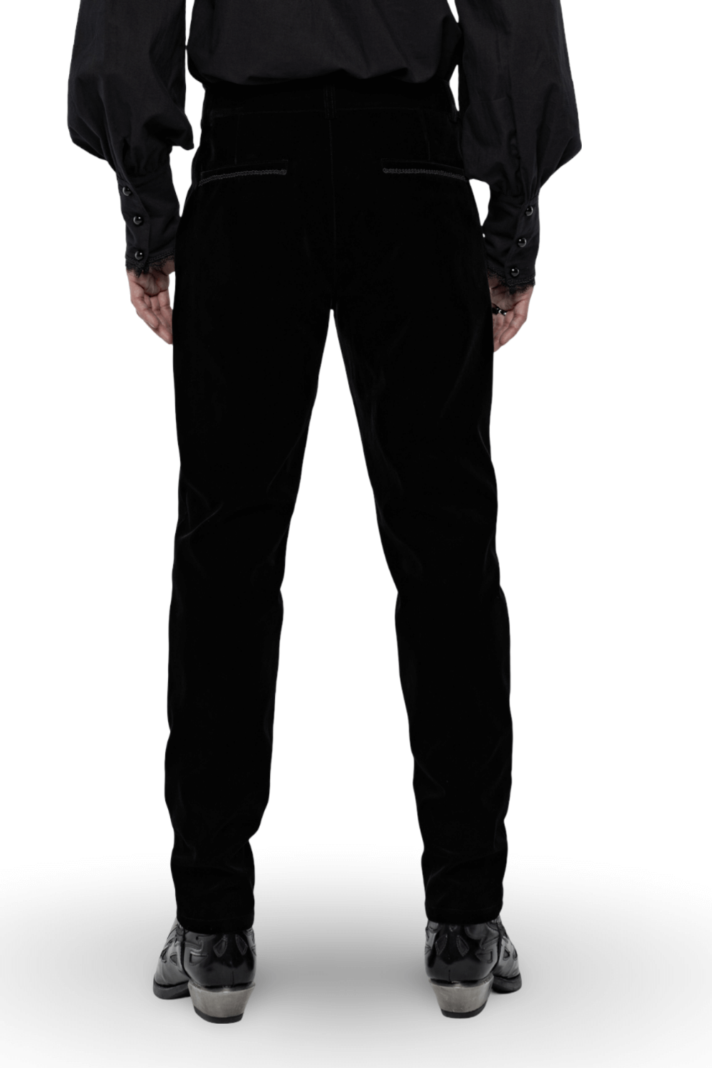Back view of Victorian style black velvet gothic trousers, showcasing luxurious fabric and tailored fit.